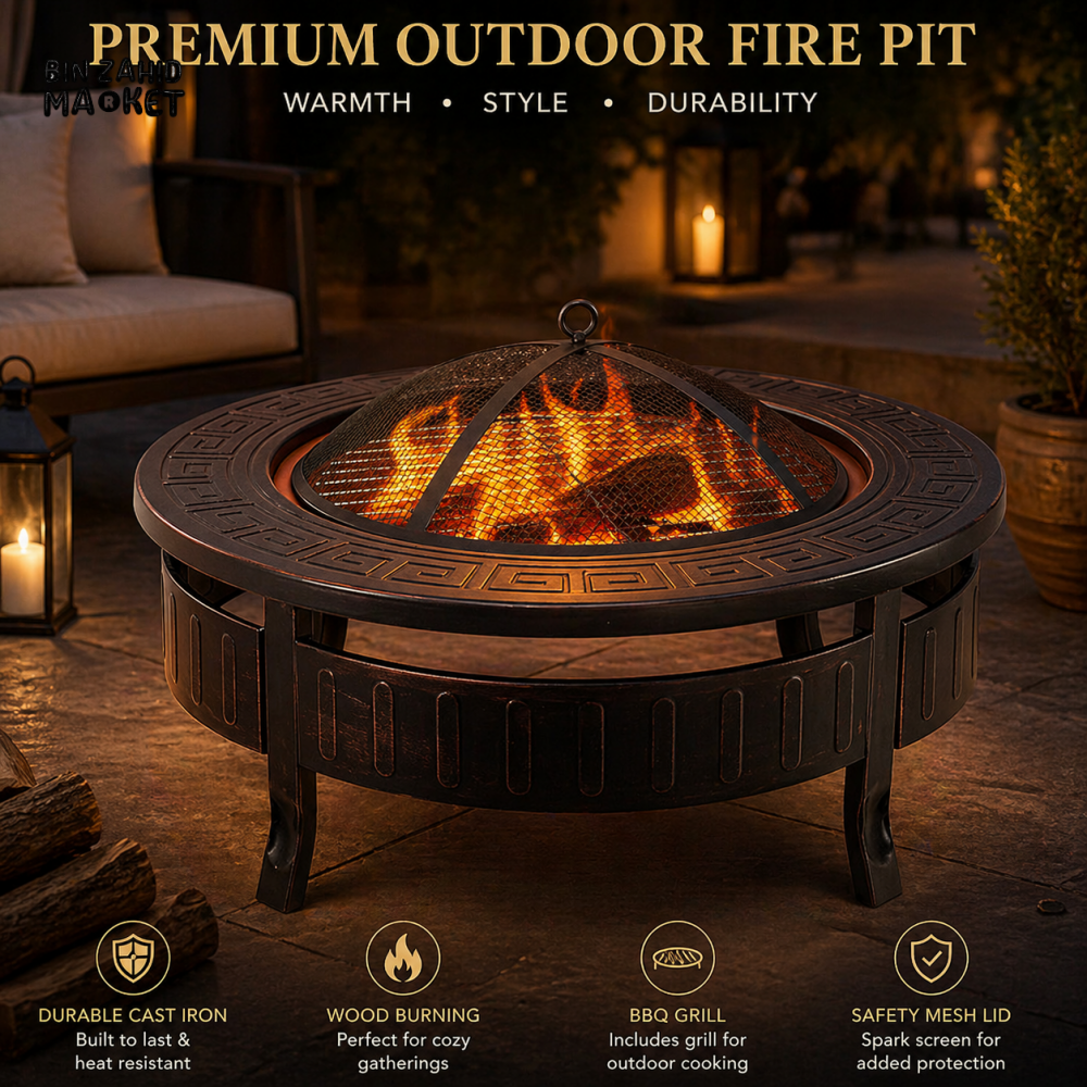 PREMIUM OUTDOOR CAST IRON FIRE PIT BBQ GRILL ROUND FIRE BOWL
