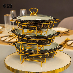 PREMIUM OVAL MARBLE SERVING DISH SET WITH GOLD RACK - BLACK MARBLE
