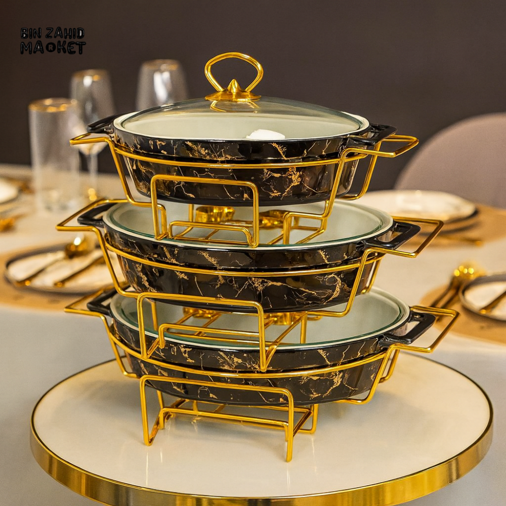 PREMIUM OVAL MARBLE SERVING DISH SET WITH GOLD RACK - BLACK MARBLE