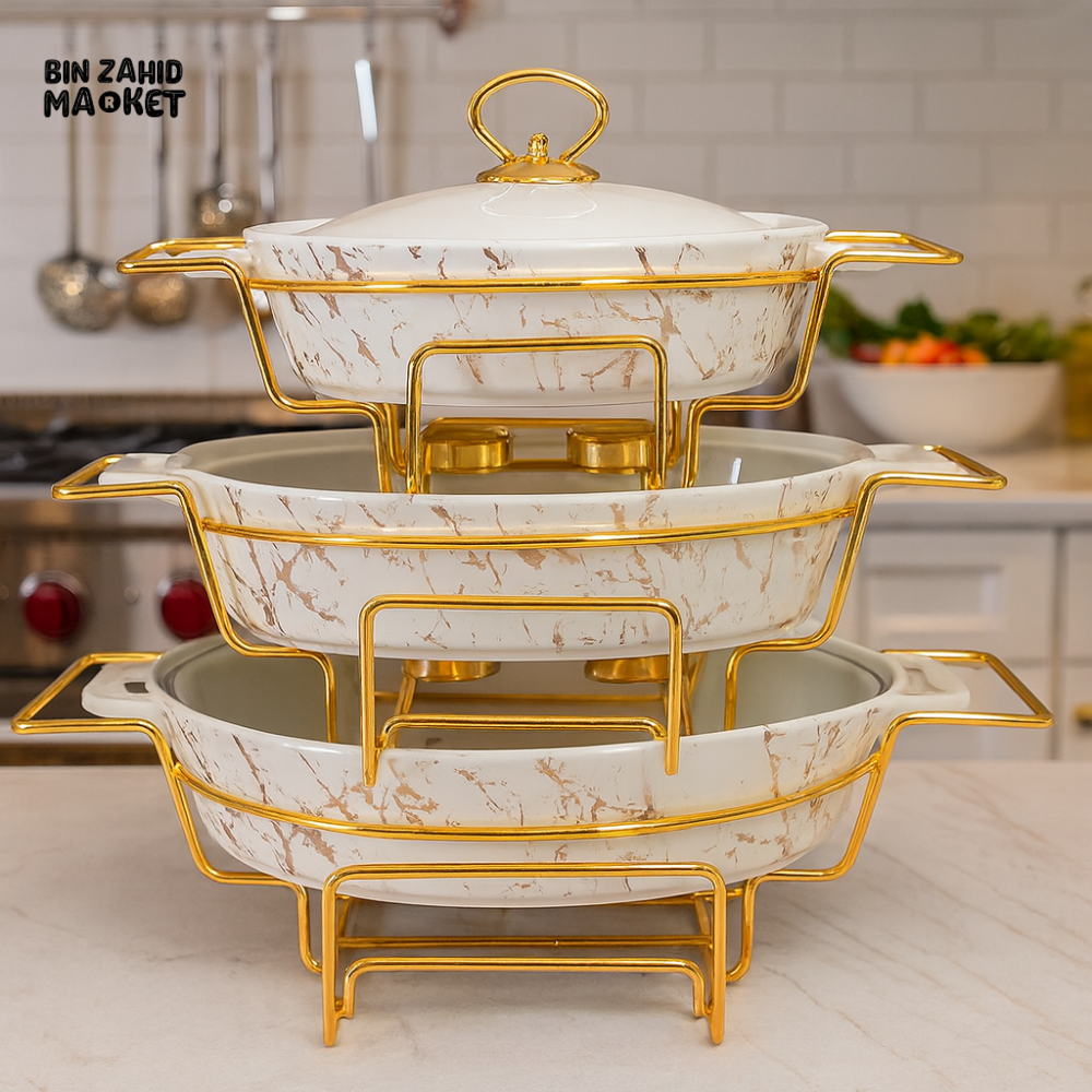 PREMIUM OVAL MARBLE SERVING DISH SET WITH GOLD RACK