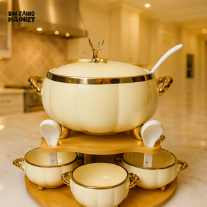 PREMIUM PORCELAIN SOUP SERVER 16PIECES – DEER KNOB LID LADLE & MATCHING BOWLS - CREAM
