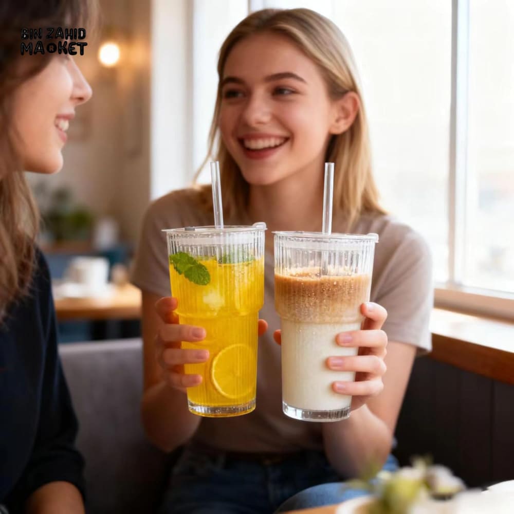 PREMIUM RIBBED CLEAR TUMBLER WITH LID & STRAW – LUXURY ICED MATCHA & COLD DRINK CUP FOR MODERN LIFESTYLE