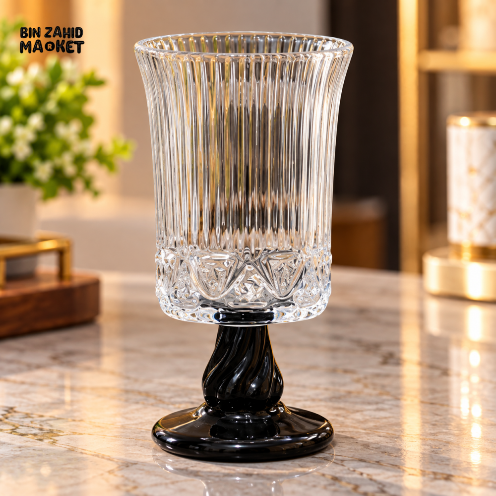 PREMIUM RIBBED GLASS GOBLET WITH BLACK PEDESTAL BASE