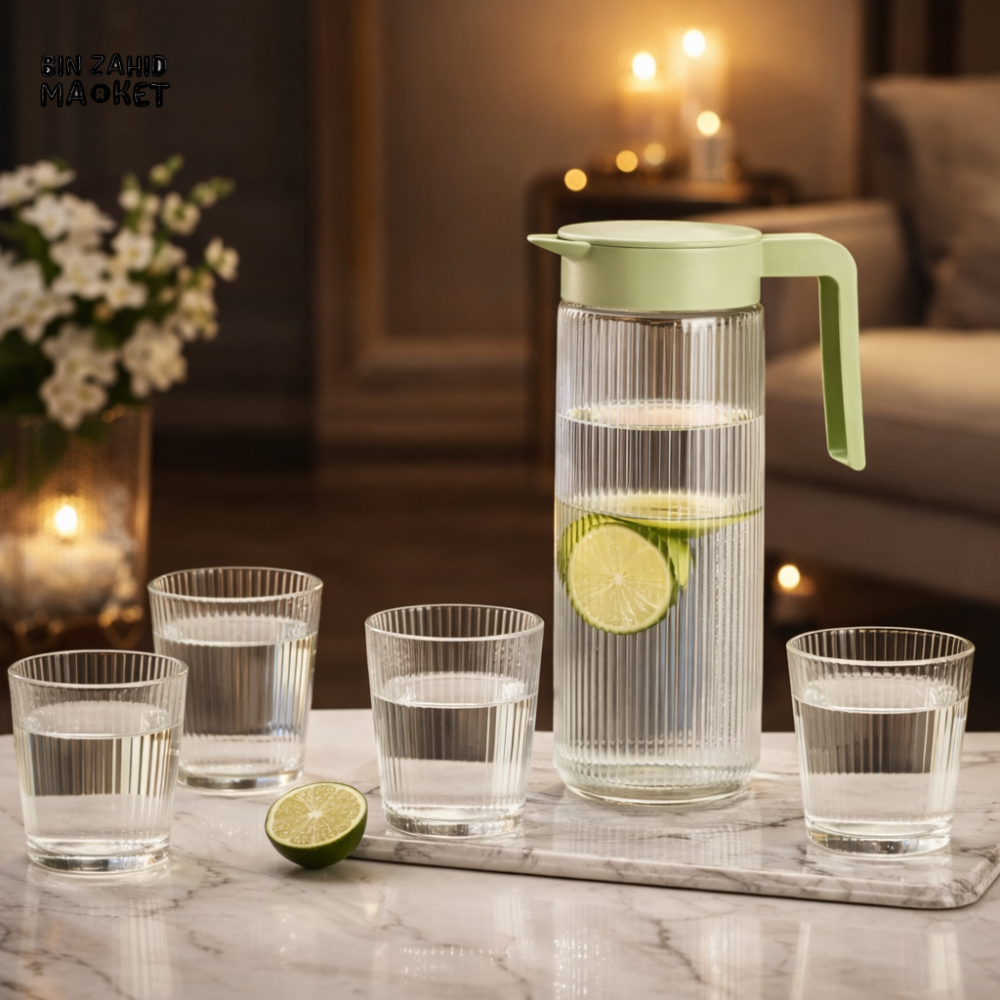 PREMIUM RIBBED GLASS WATER JUG WITH 4 GLASSES SET