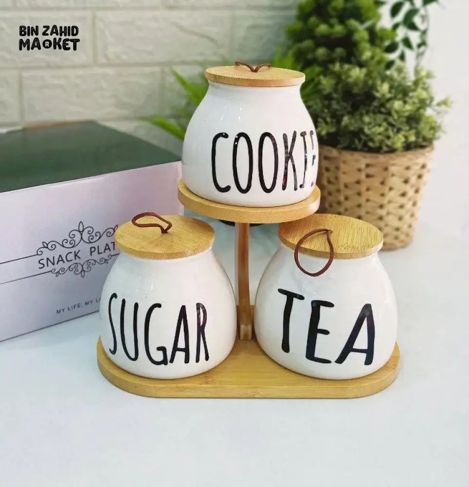 PREMIUM ROUND AIRLOCK JAR SET – 3 PIECES FOR TEA COFFEE & SUGAR WITH BAMBOO STAND STYLISH & AIRTIGHT KITCHEN ORGANIZER
