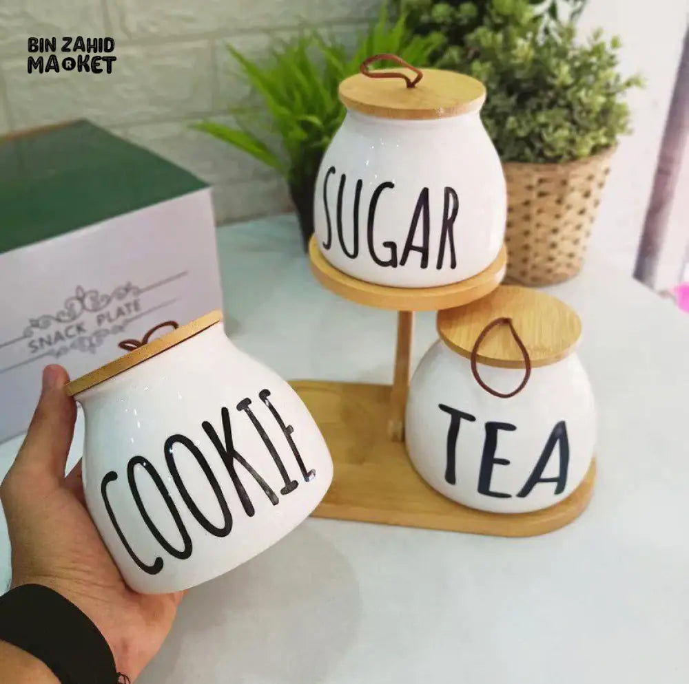 PREMIUM ROUND AIRLOCK JAR SET – 3 PIECES FOR TEA COFFEE & SUGAR WITH BAMBOO STAND STYLISH & AIRTIGHT KITCHEN ORGANIZER