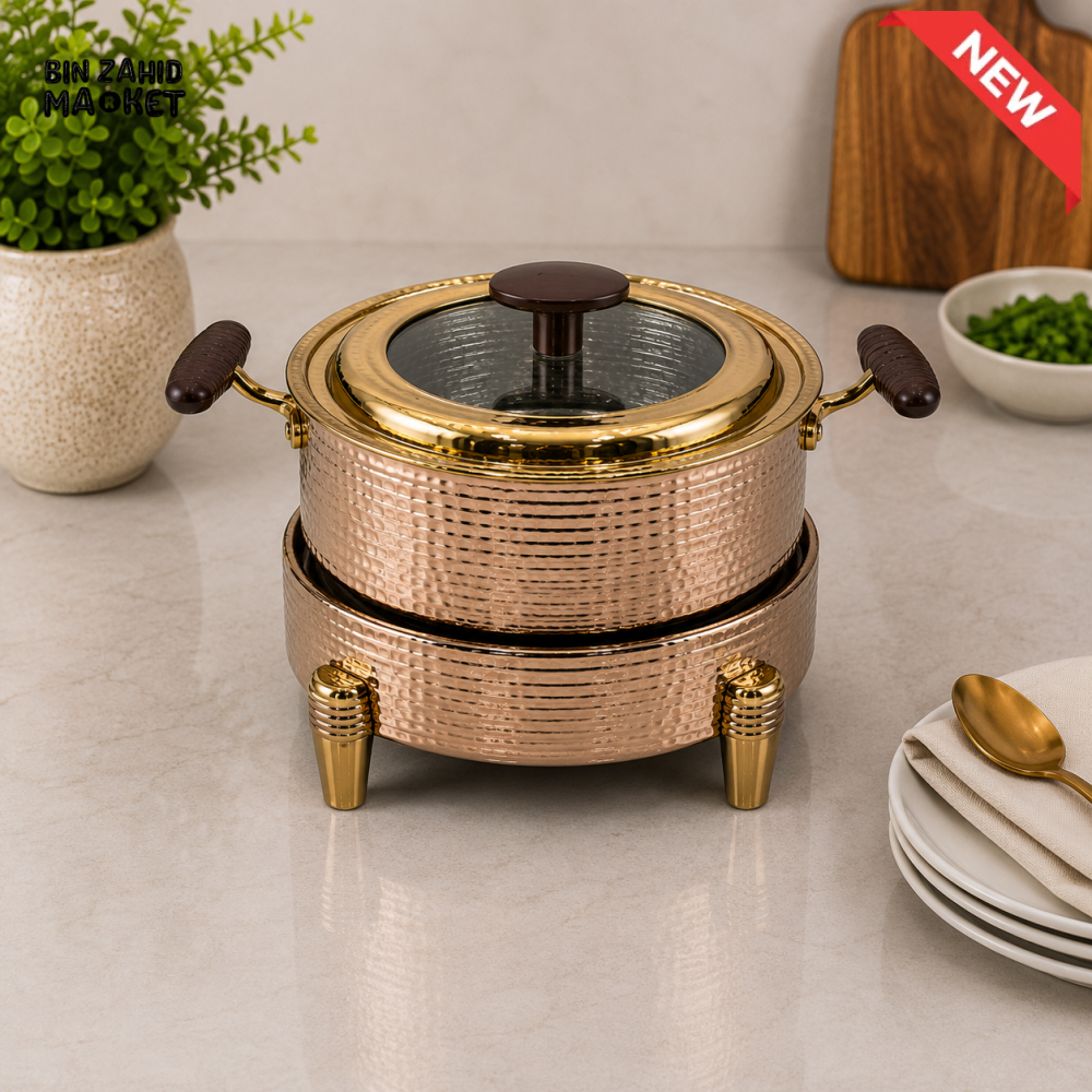 PREMIUM ROUND HAMMERED STAINLESS STEEL FOOD WARMER WITH GLASS LID - 28 CM