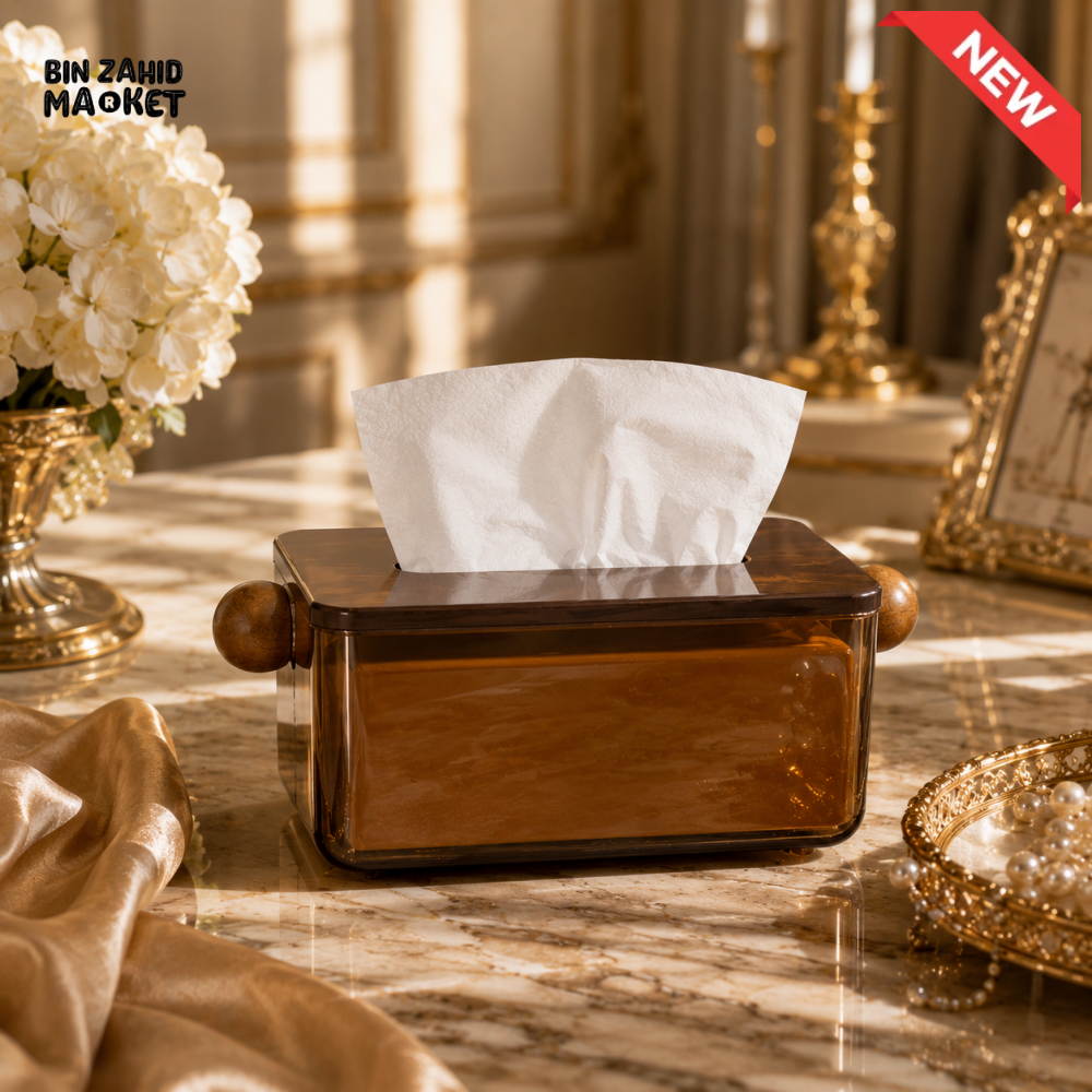 PREMIUM ROYAL AMBER TRANSPARENT TISSUE STORAGE BOX WITH WOOD-GRAIN HANDLE DESIGN