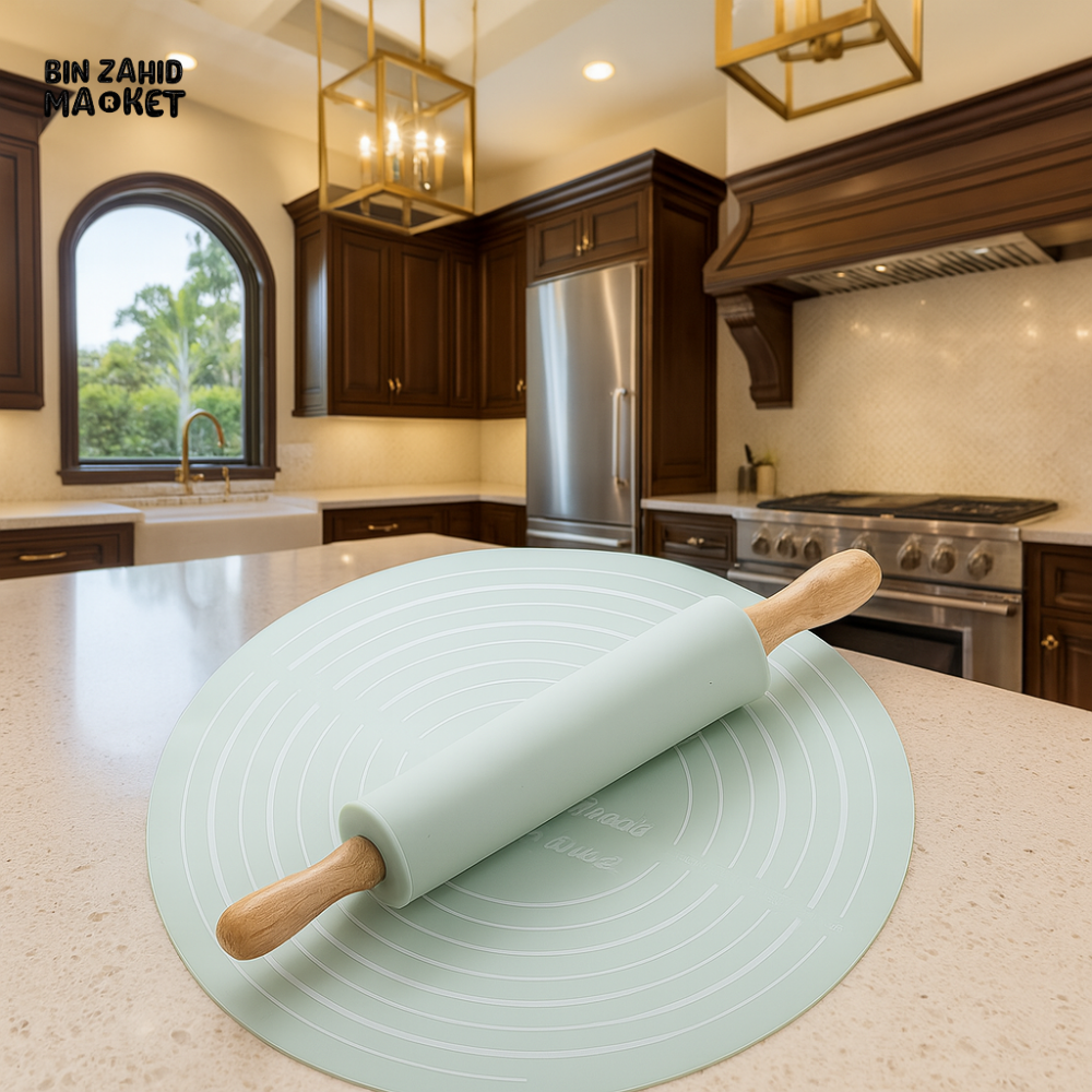 PREMIUM SILICONE BAKING MAT WITH WOODEN HANDLE ROLLING PIN – NON-STICK DOUGH SET