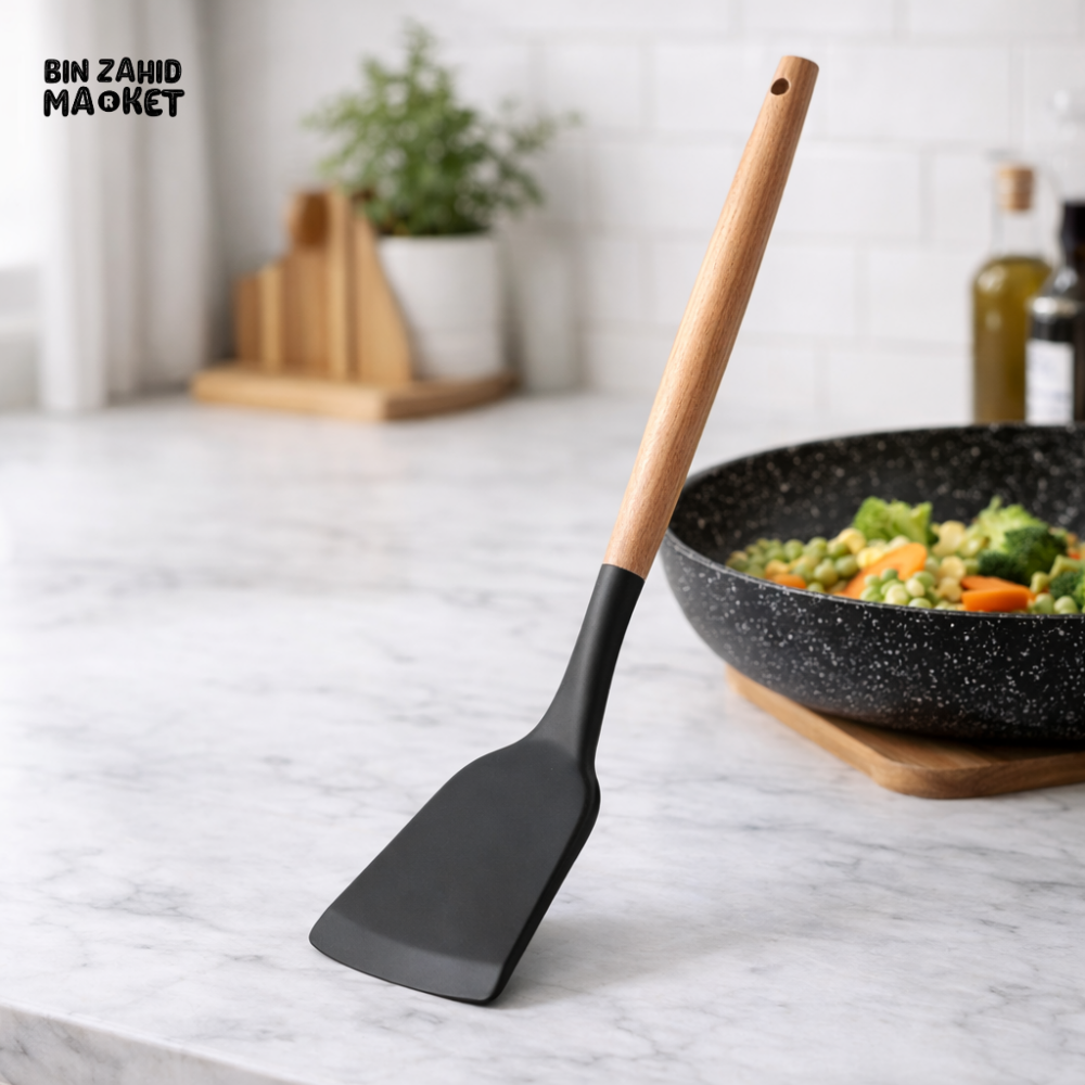 PREMIUM SILICONE COOKING SPATULA WITH WOODEN HANDLE