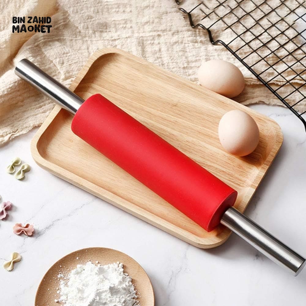 PREMIUM SILICONE ROLLING PIN – METAL CORE STAINLESS STEEL HANDLES NON-STICK ROTI BELAN