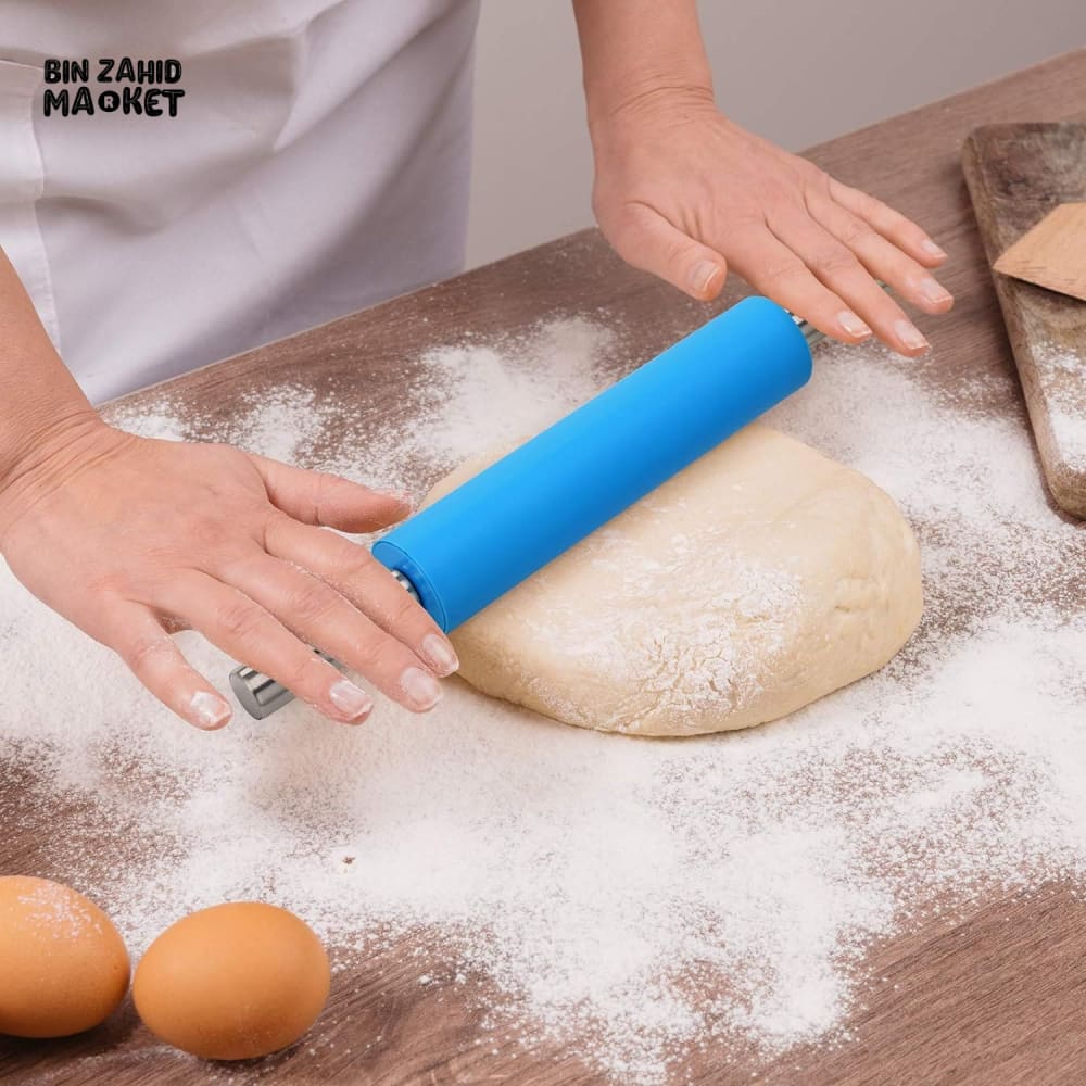 PREMIUM SILICONE ROLLING PIN – METAL CORE STAINLESS STEEL HANDLES NON-STICK ROTI BELAN