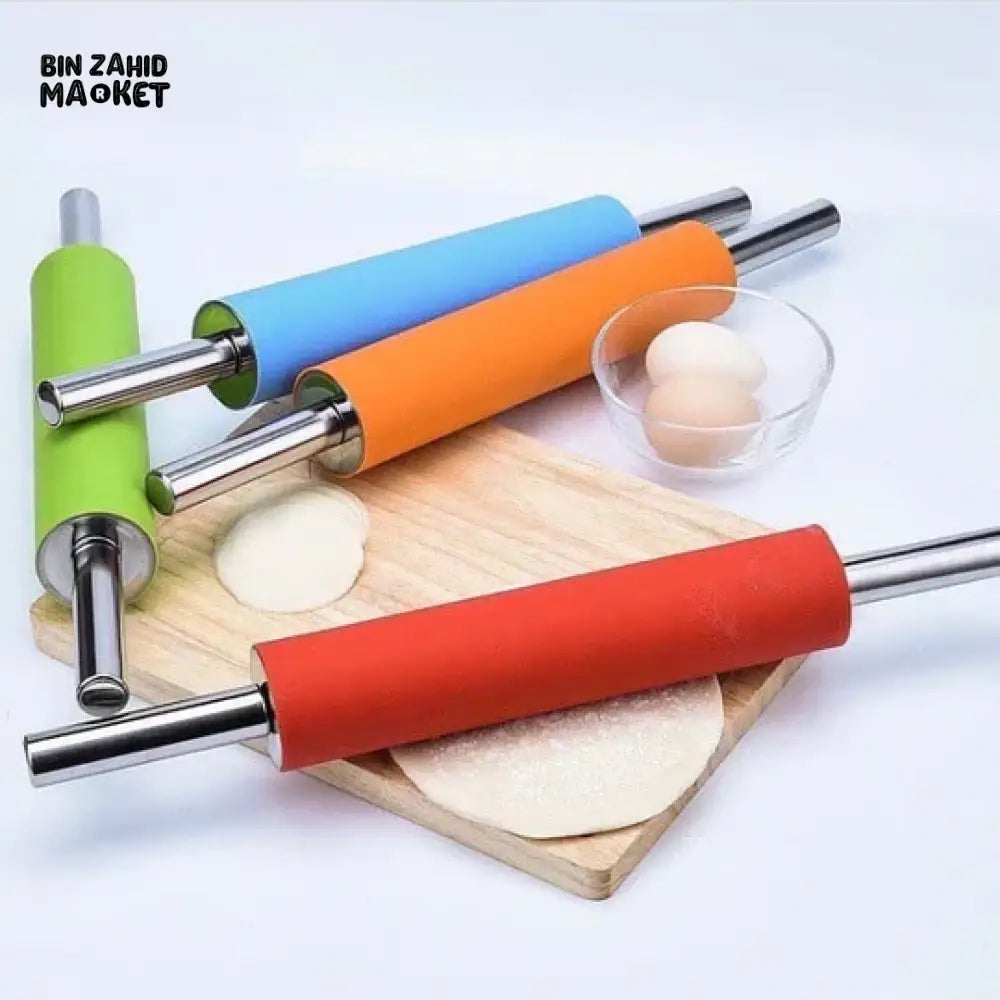 PREMIUM SILICONE ROLLING PIN – METAL CORE STAINLESS STEEL HANDLES NON-STICK ROTI BELAN