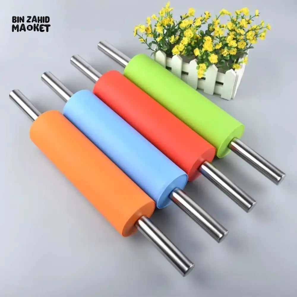 PREMIUM SILICONE ROLLING PIN – METAL CORE STAINLESS STEEL HANDLES NON-STICK ROTI BELAN