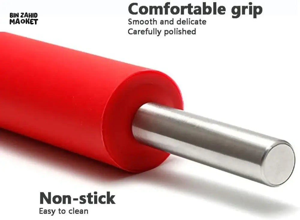 PREMIUM SILICONE ROLLING PIN – METAL CORE STAINLESS STEEL HANDLES NON-STICK ROTI BELAN