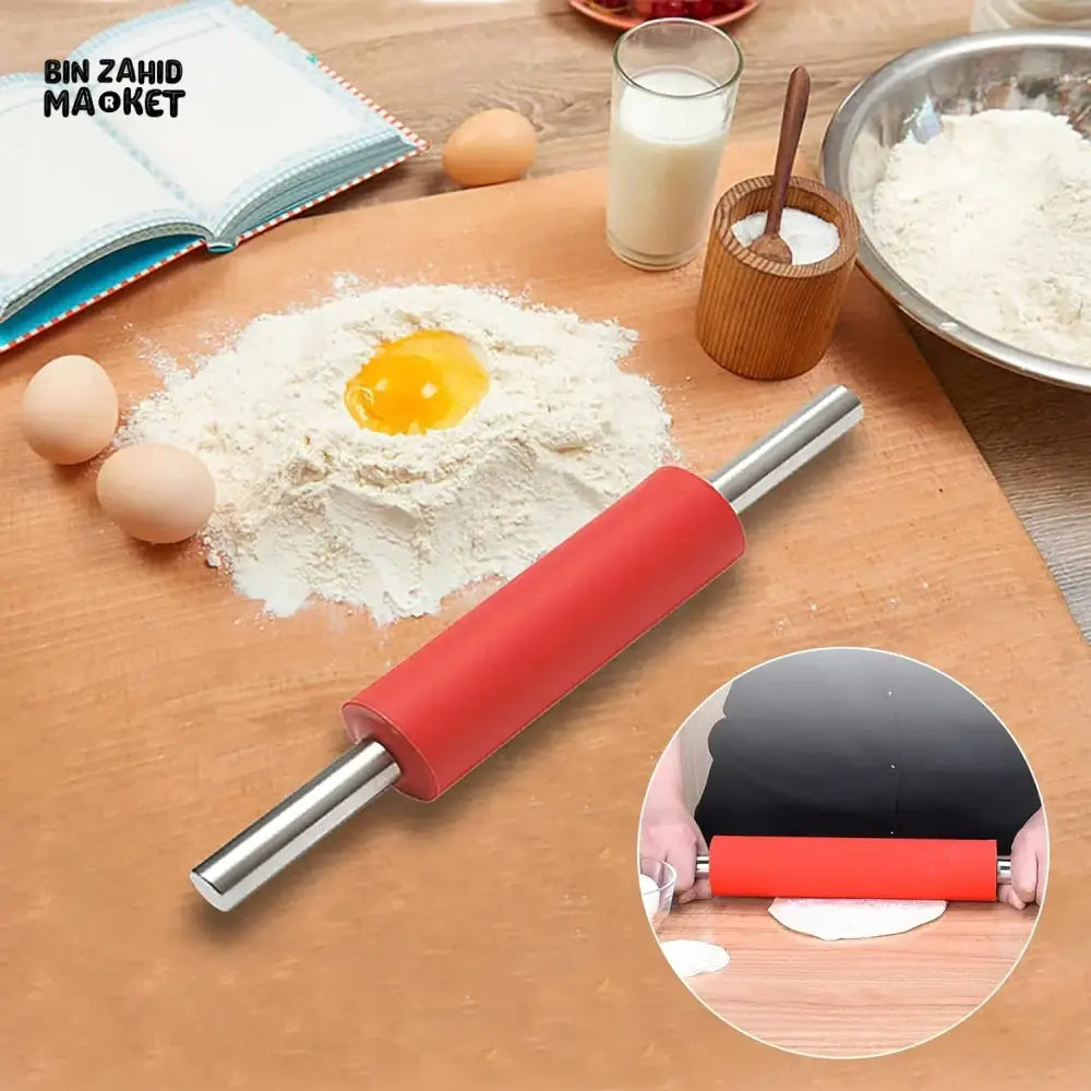 PREMIUM SILICONE ROLLING PIN – METAL CORE STAINLESS STEEL HANDLES NON-STICK ROTI BELAN