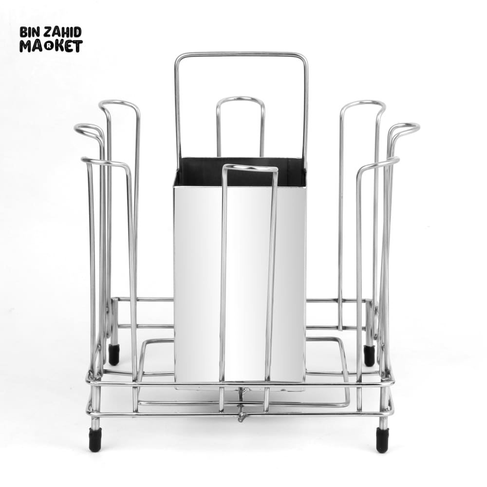 PREMIUM STAINLESS STEEL 6-GLASS & CUTLERY HOLDER STAND