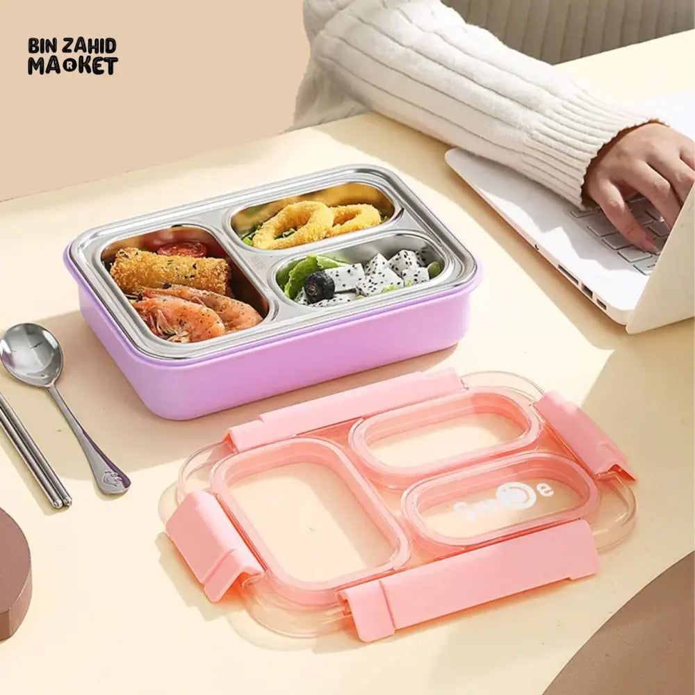 PREMIUM STAINLESS STEEL LUNCH BOX – 3 COMPARTMENTS LEAK-PROOF WITH SECURE LOCK INCLUDES SPOON & FORK
