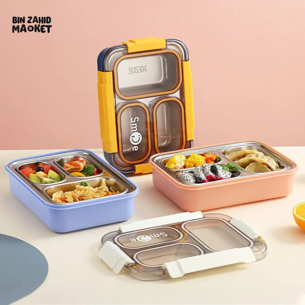 PREMIUM STAINLESS STEEL LUNCH BOX – 3 COMPARTMENTS LEAK-PROOF WITH SECURE LOCK INCLUDES SPOON & FORK