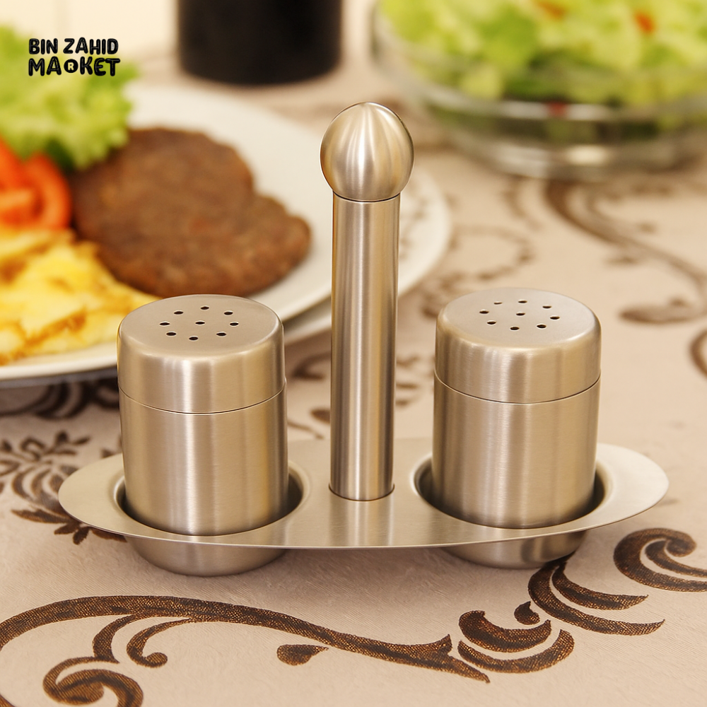 PREMIUM STAINLESS STEEL SALT & PEPPER SHAKER SET WITH OVAL STAND