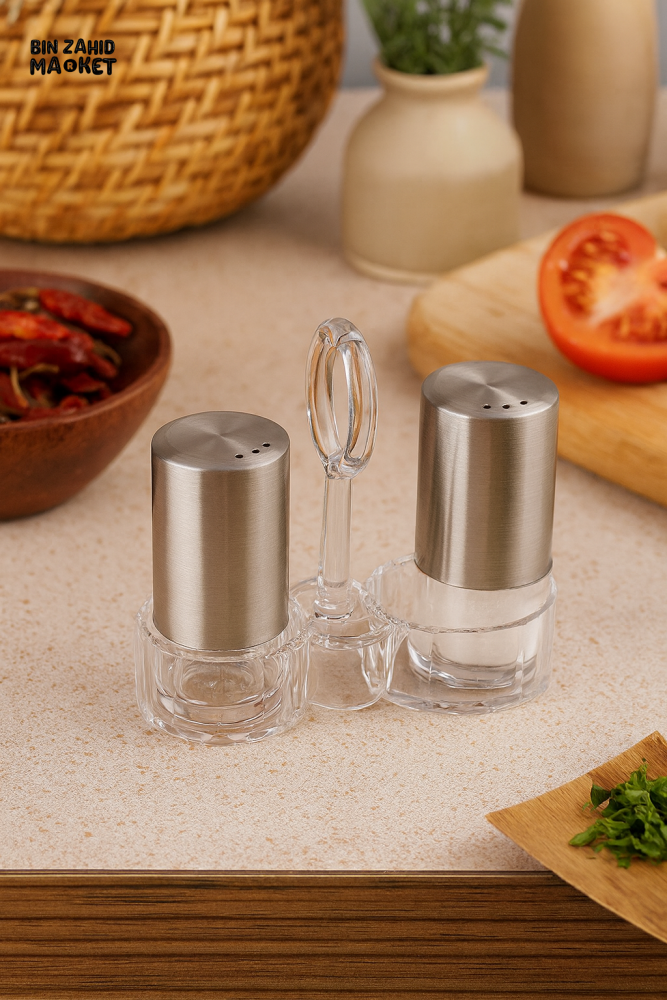 PREMIUM STEEL SALT & PEPPER SHAKER SET WITH CRYSTAL-CLEAR ACRYLIC STAND