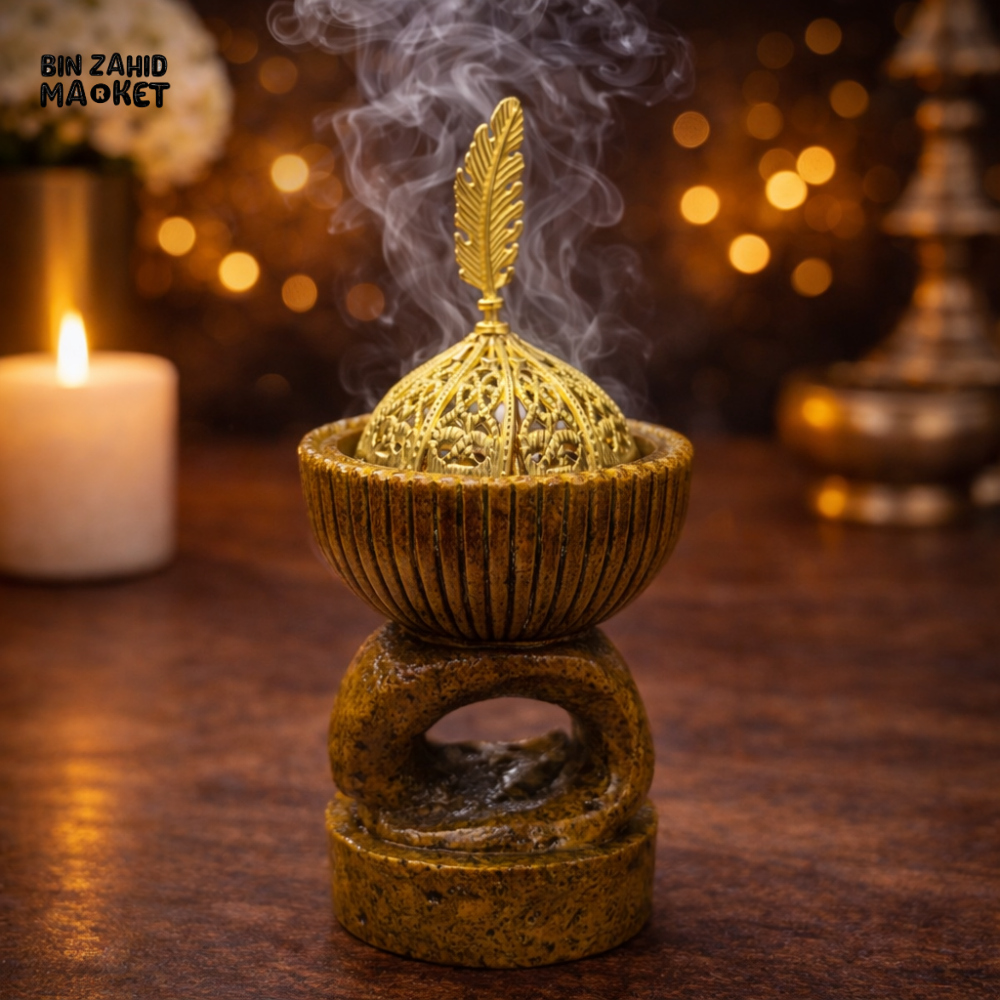PREMIUM STONE & GOLD INCENSE BURNER – ELEGANT TABLETOP BAKHOOR HOLDER