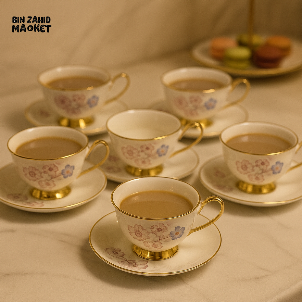 PREMIUM TEA CUPS WITH SAUCERS – FLORAL PATTERN GOLD EDGE – 12-PIECE SET