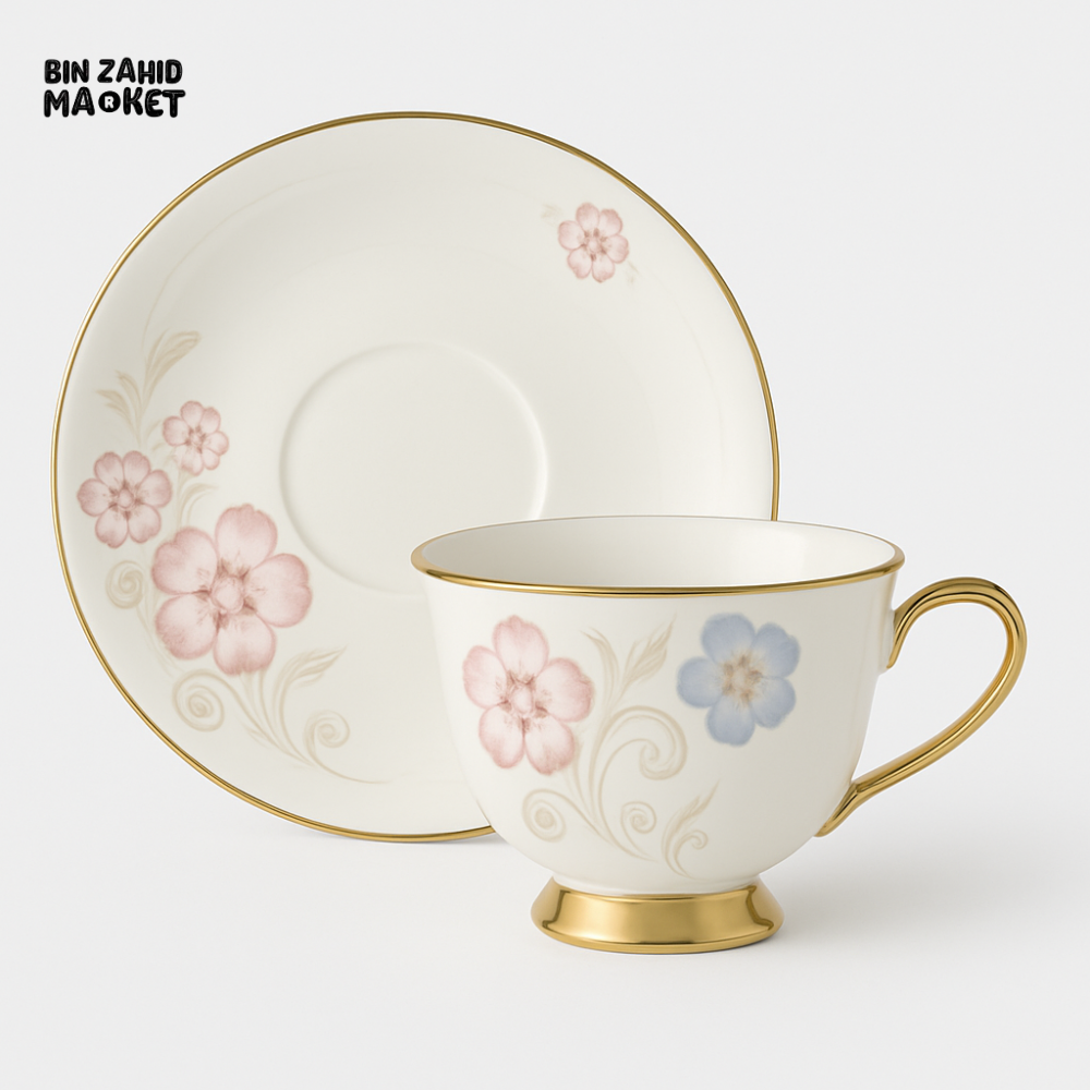 PREMIUM TEA CUPS WITH SAUCERS – FLORAL PATTERN GOLD EDGE – 12-PIECE SET