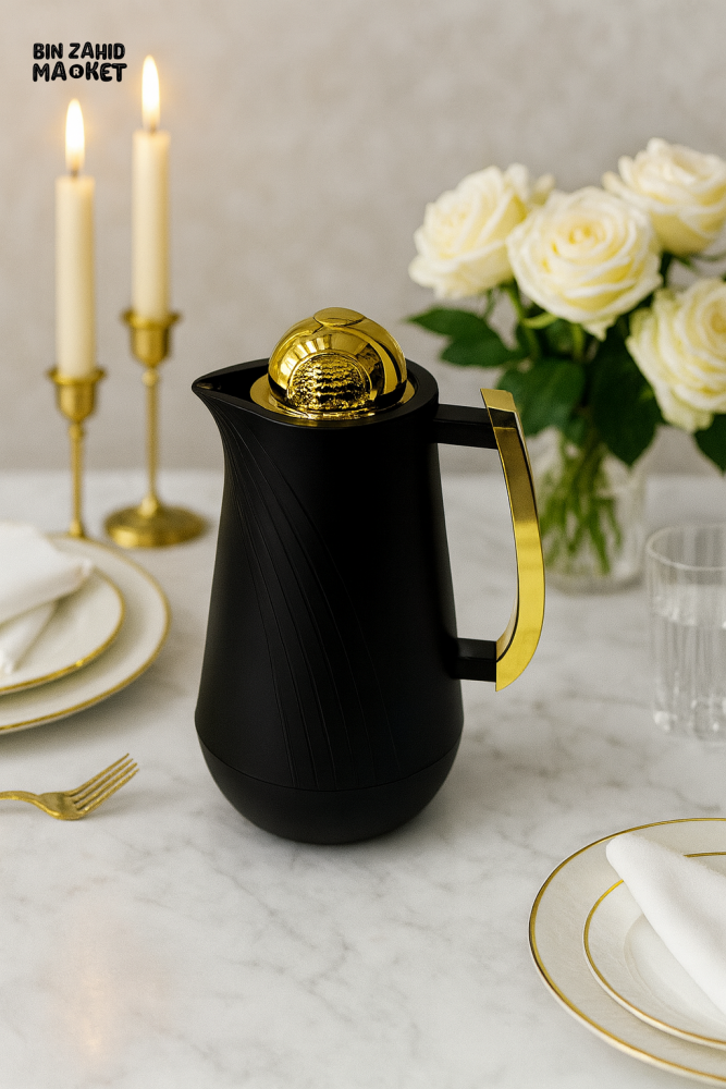 PREMIUM THERMAL WATER CARAFE 1 LITRE – BLACK WITH GOLD ACCENTS VACUUM SEALED