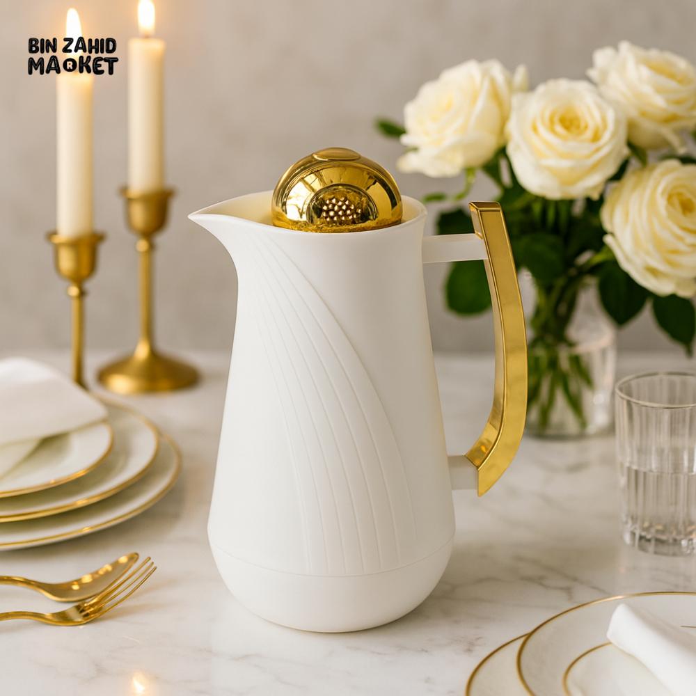 PREMIUM THERMAL WATER CARAFE 1 LITRE – WHITE WITH GOLD ACCENTS VACUUM SEALED