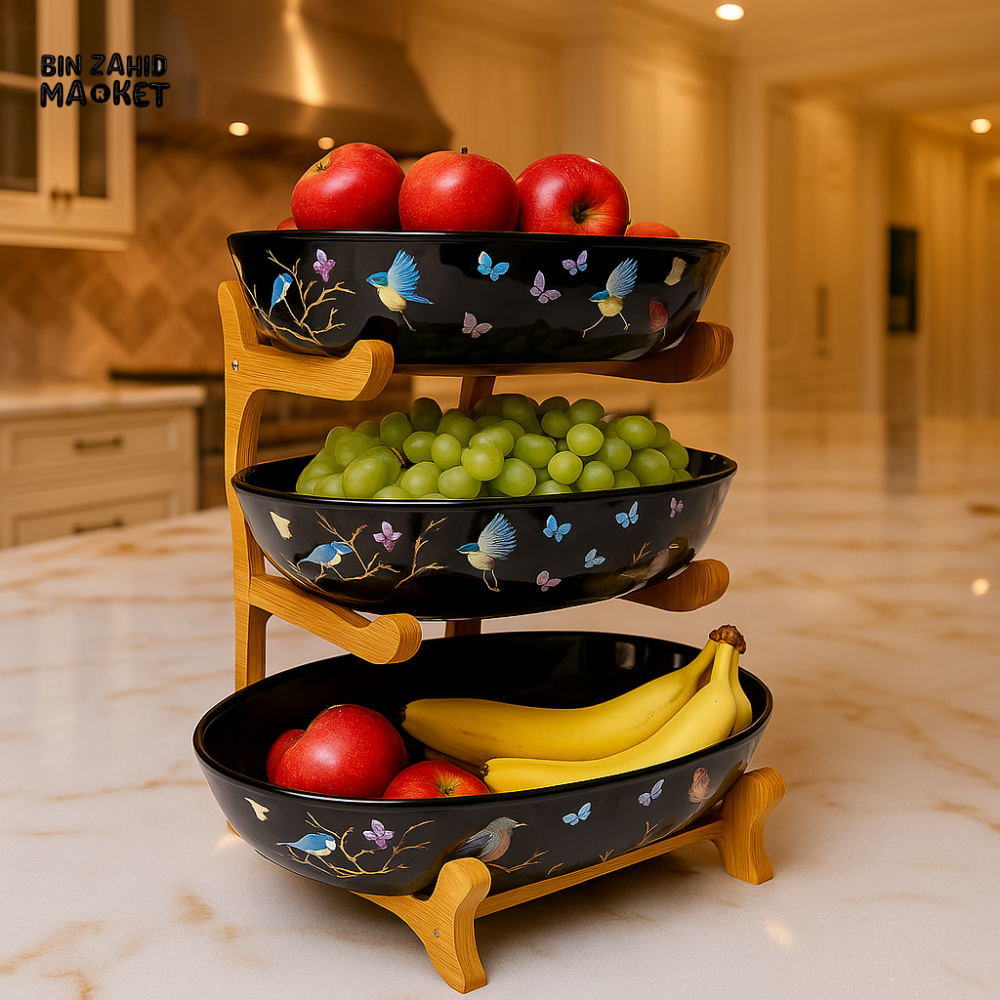 PREMIUM THREE-TIER FRUIT STAND – BLACK CERAMIC BOWLS ON WOOD RACK