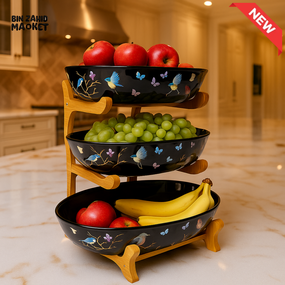 PREMIUM THREE-TIER FRUIT STAND – BLACK CERAMIC BOWLS ON WOOD RACK