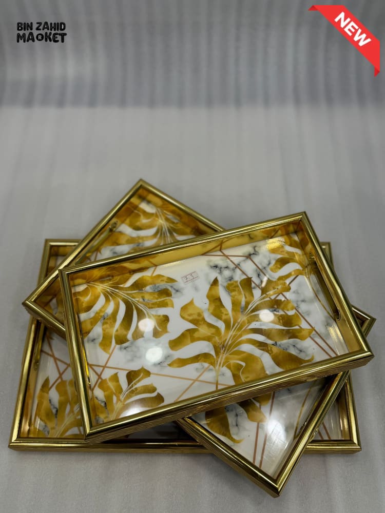PREMIUM WHITE MARBLE EFFECT TRAYS – GOLD LEAF PATTERN - 3-PIECES SET