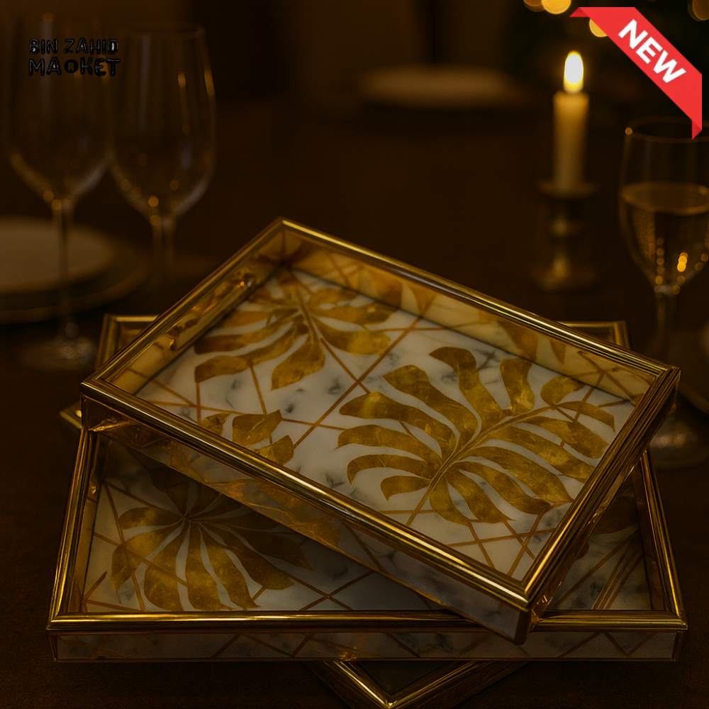 PREMIUM WHITE MARBLE EFFECT TRAYS – GOLD LEAF PATTERN - 3-PIECES SET
