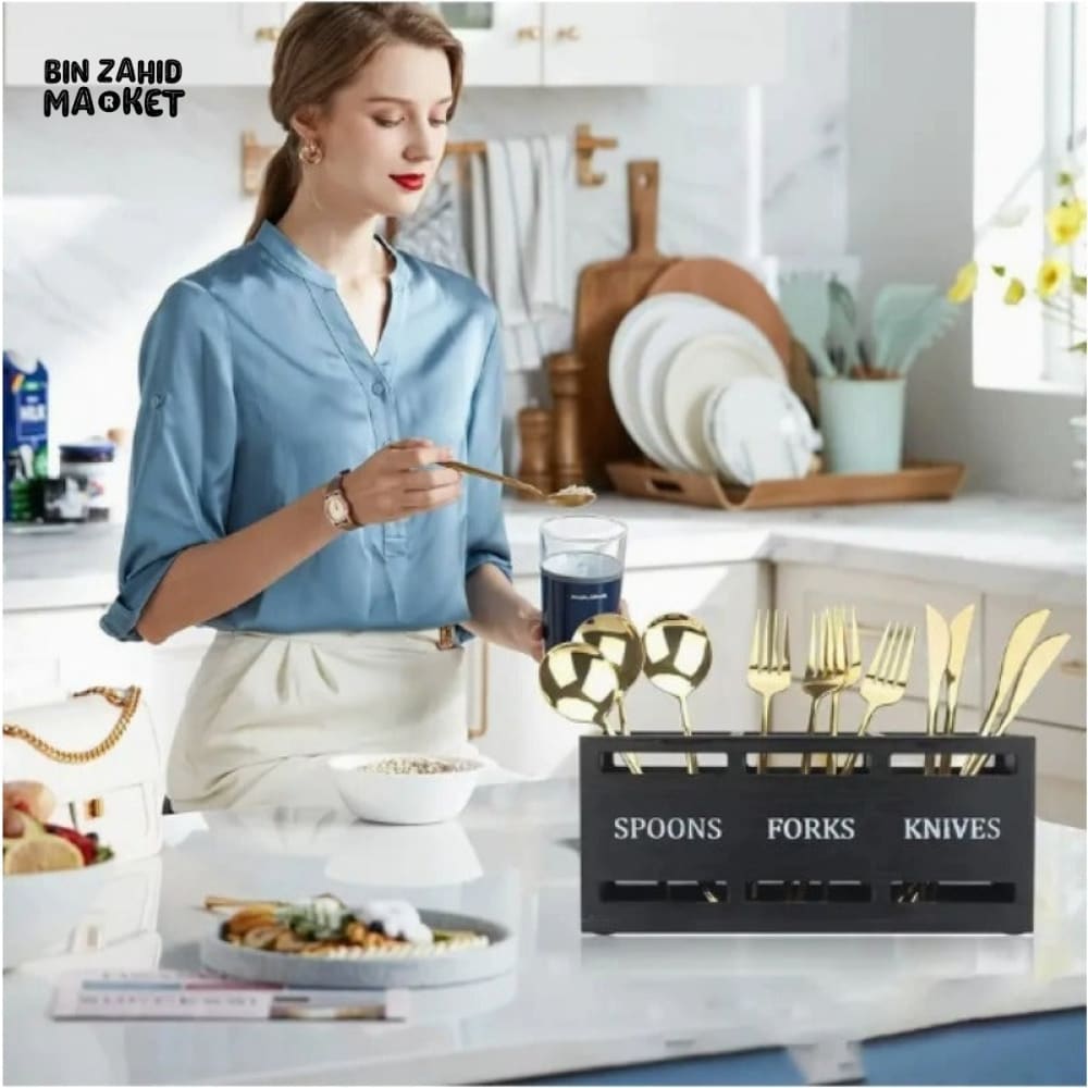 PREMIUM WOODEN DINING TABLE CUTLERY ORGANIZER – MULTI-SECTION UTENSIL TRAY