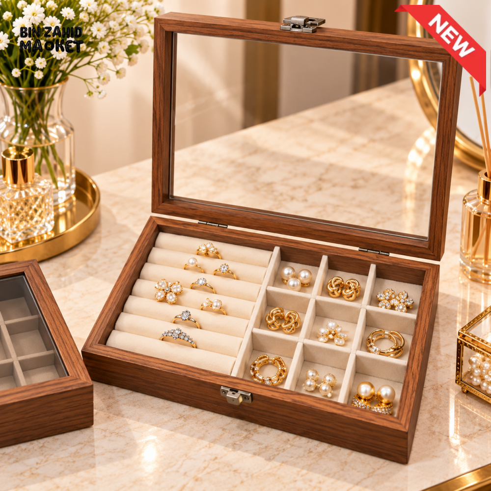 PREMIUM WOODEN JEWELRY DISPLAY BOX WITH TRANSPARENT GLASS LID
