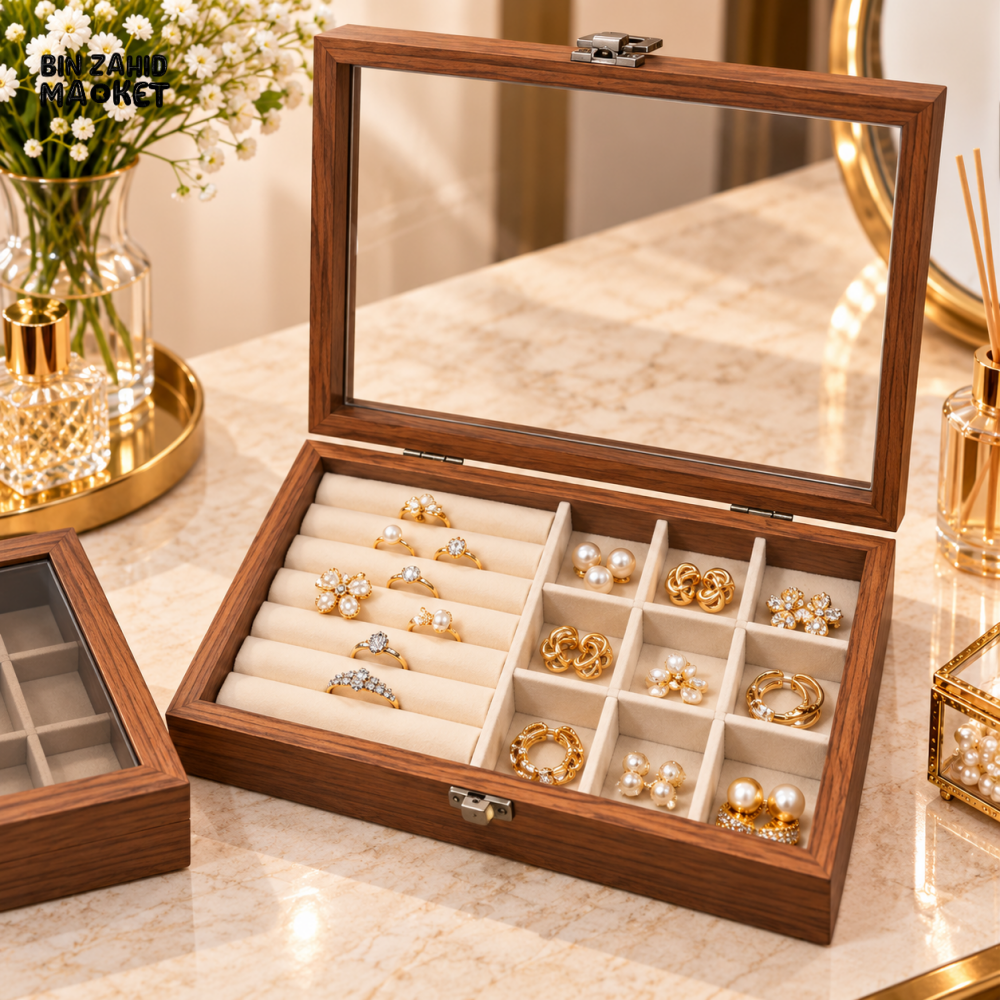 PREMIUM WOODEN JEWELRY DISPLAY BOX WITH TRANSPARENT GLASS LID