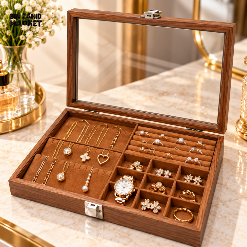 PREMIUM WOODEN JEWELRY ORGANIZER BOX WITH TRANSPARENT GLASS LID