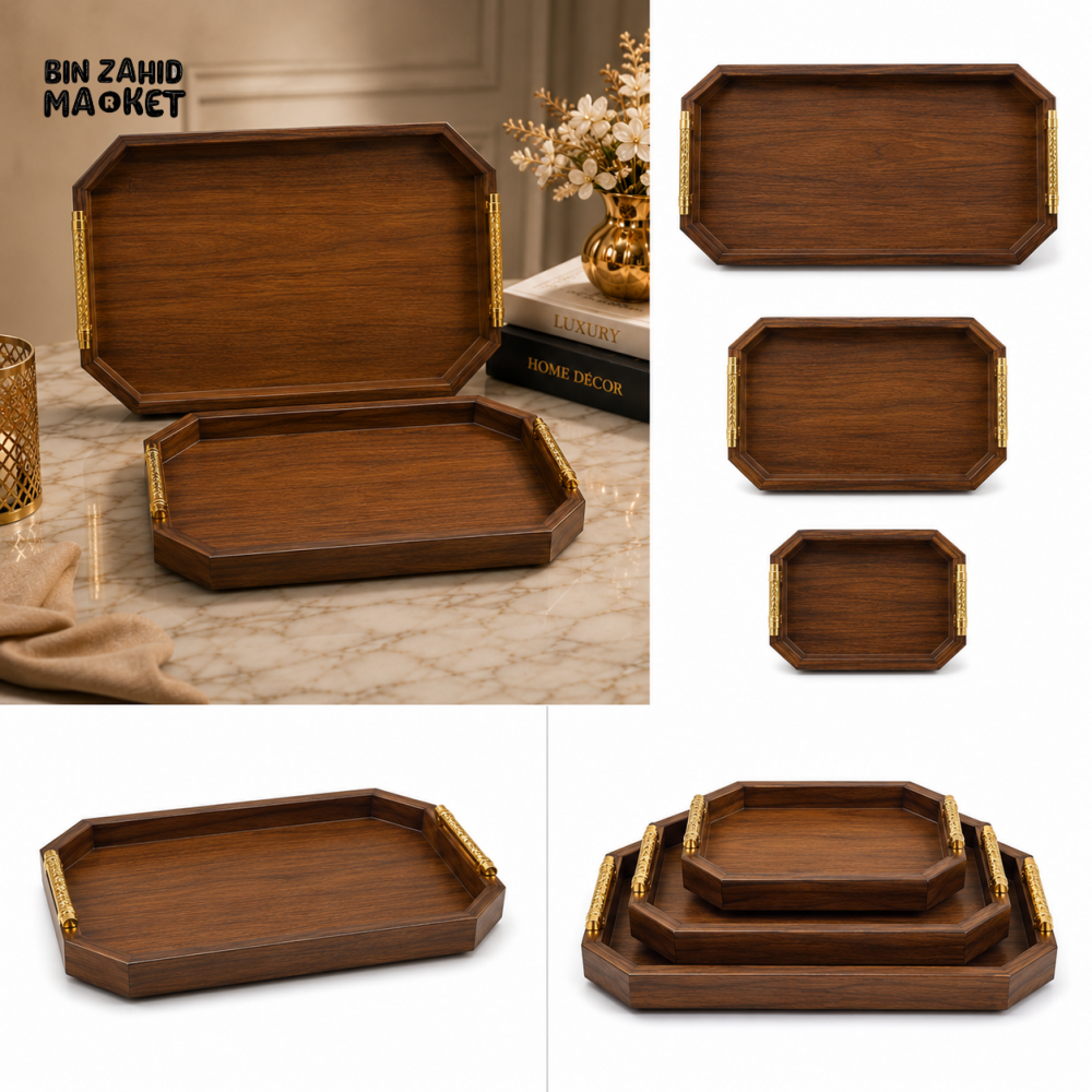PREMIUM WOODEN SERVING TRAY SET WITH GOLD HANDLES 3-PIECES SET
