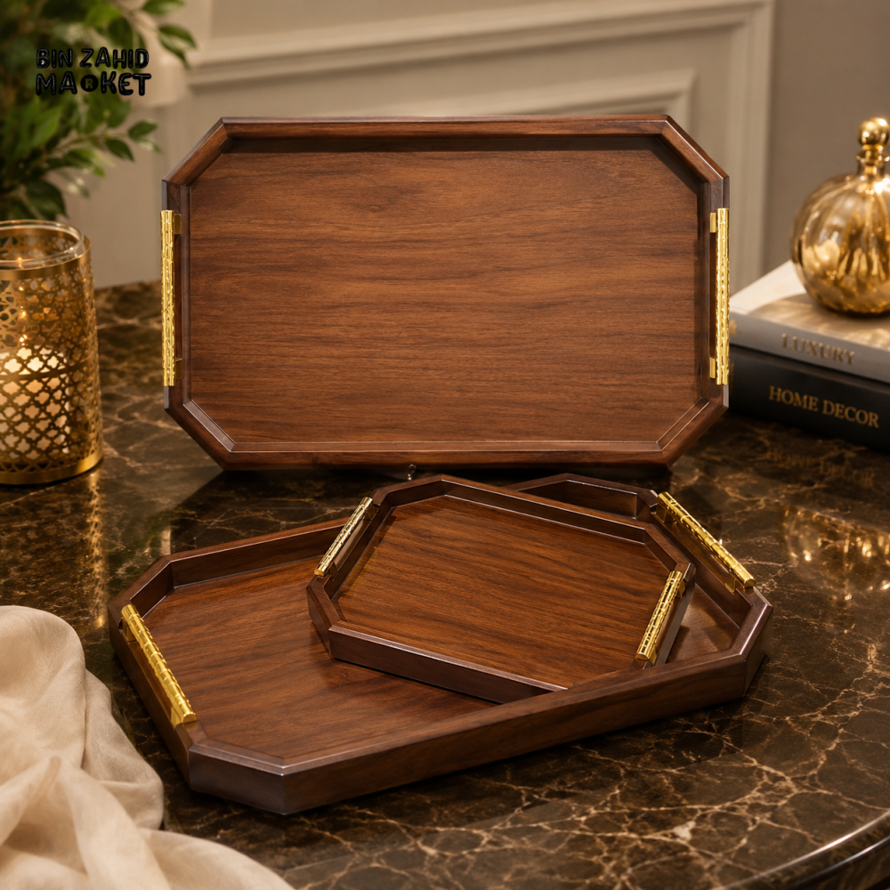 PREMIUM WOODEN SERVING TRAY SET WITH GOLD HANDLES 3-PIECES SET