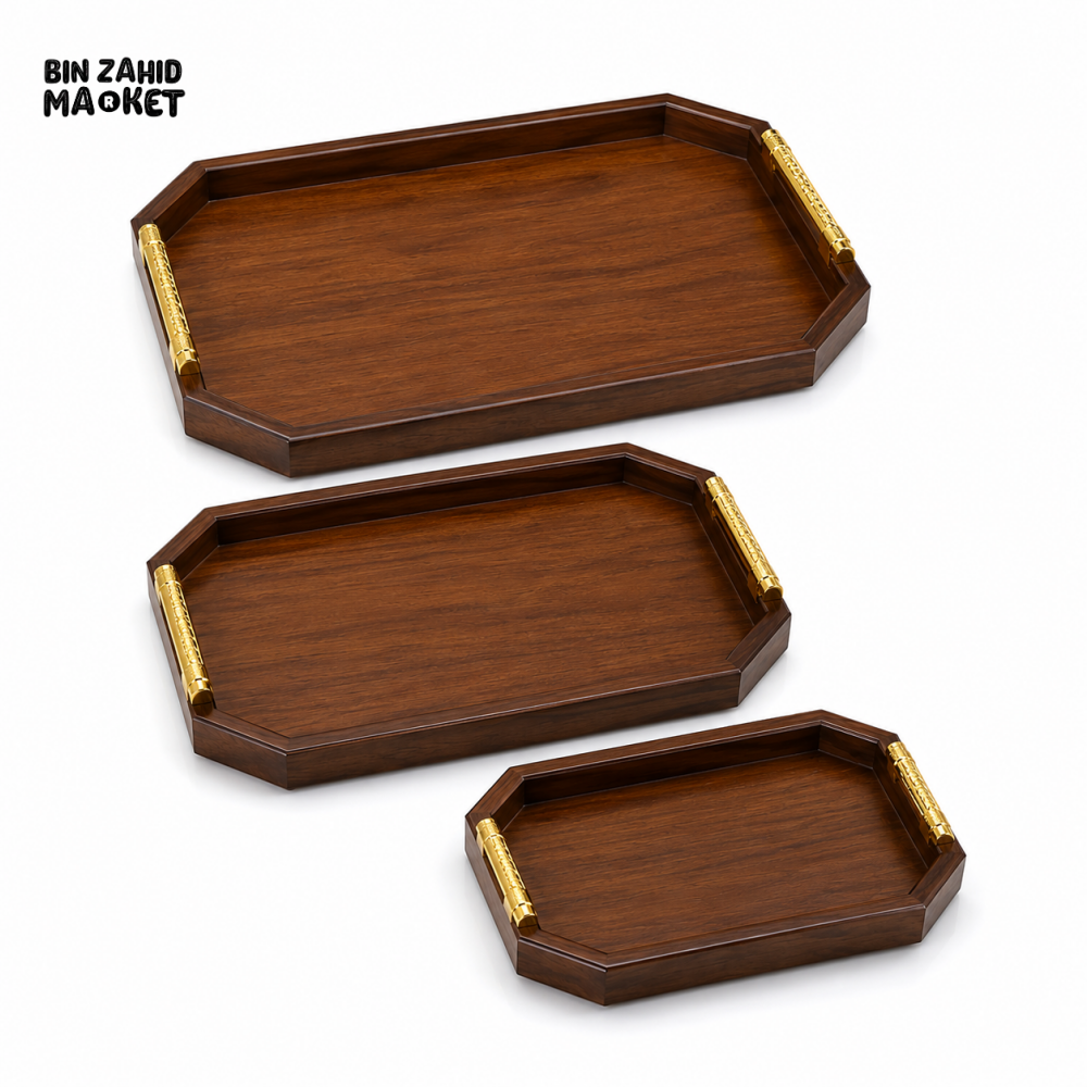 PREMIUM WOODEN SERVING TRAY SET WITH GOLD HANDLES 3-PIECES SET