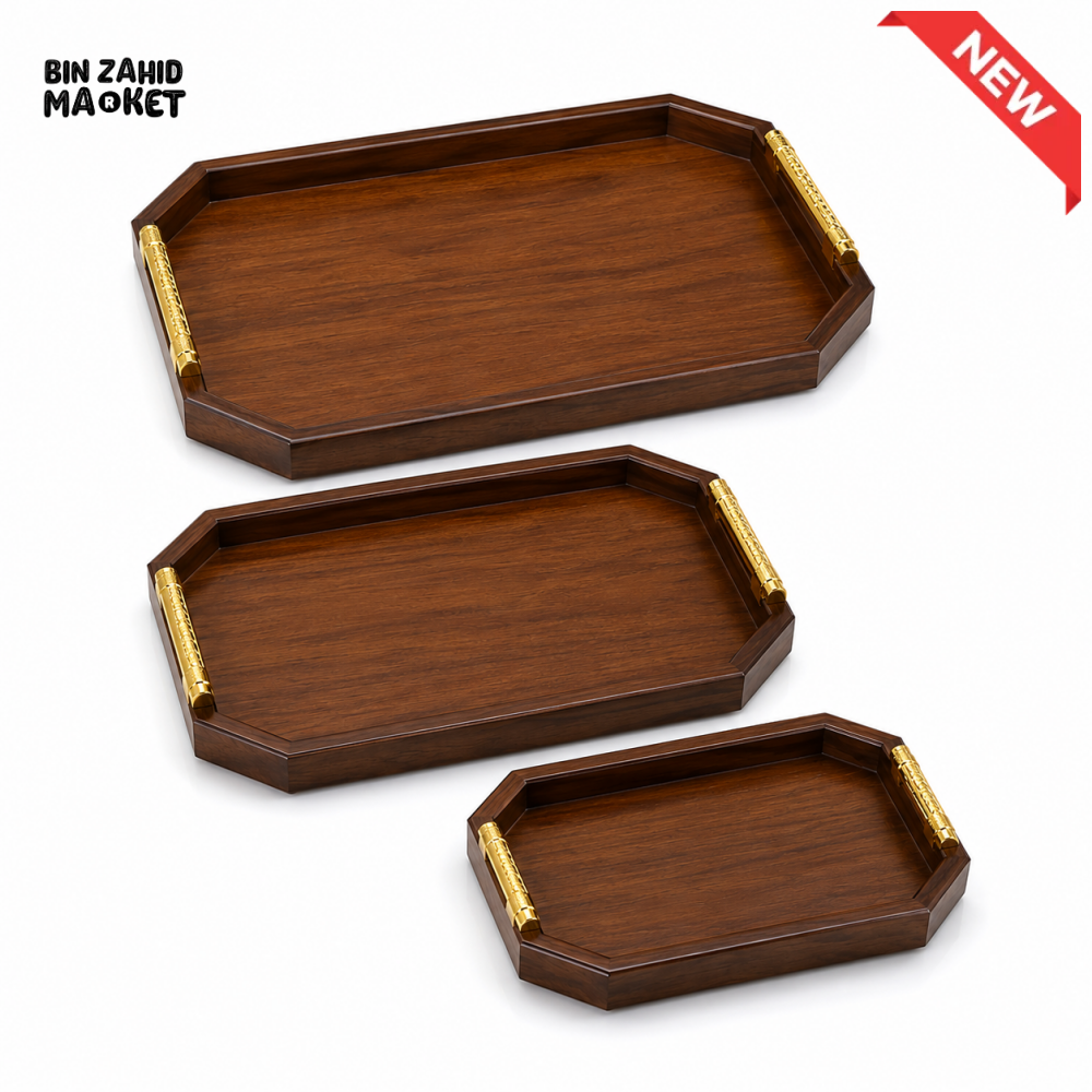 PREMIUM WOODEN SERVING TRAY SET WITH GOLD HANDLES 3-PIECES SET