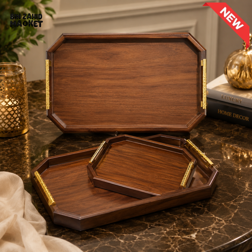 PREMIUM WOODEN SERVING TRAY SET WITH GOLD HANDLES 3-PIECES SET