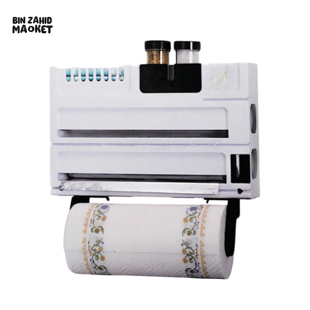 PRESTIGE 4-IN-1 KITCHEN WALL MOUNT DISPENSER – CLING FILM, FOIL, SPICE & TISSUE HOLDER