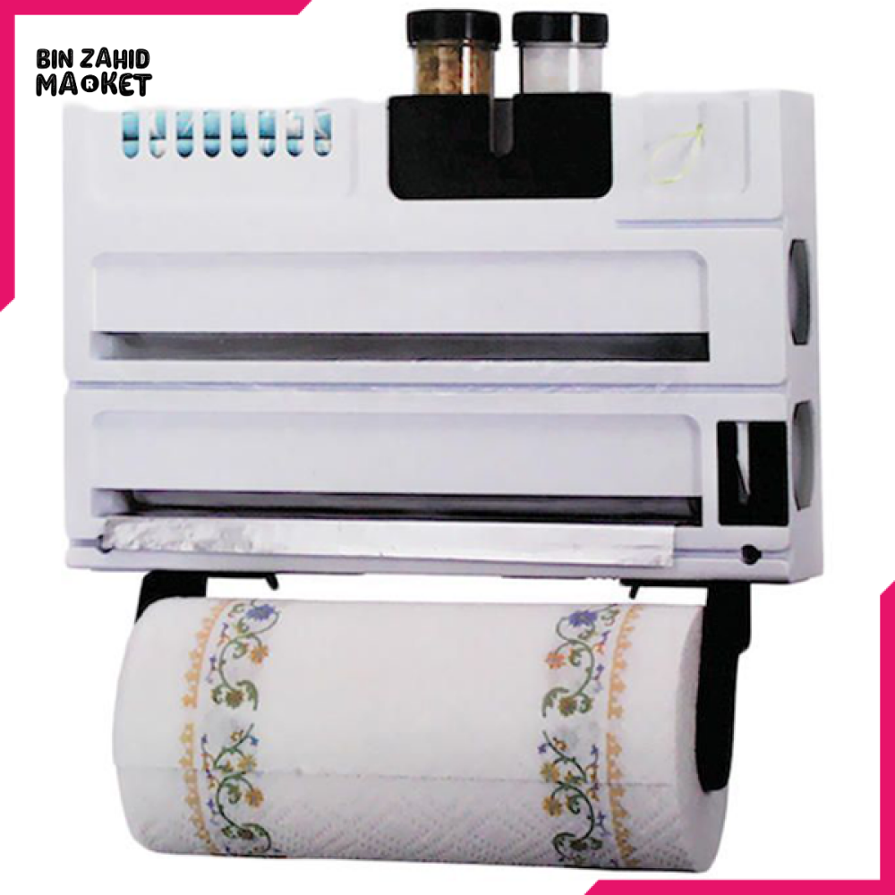 PRESTIGE 4-IN-1 KITCHEN WALL MOUNT DISPENSER – CLING FILM, FOIL, SPICE & TISSUE HOLDER