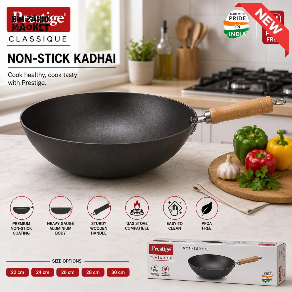 PRESTIGE CLASSIQUE NON-STICK KADHAI WITH WOODEN HANDLE - 32 CM