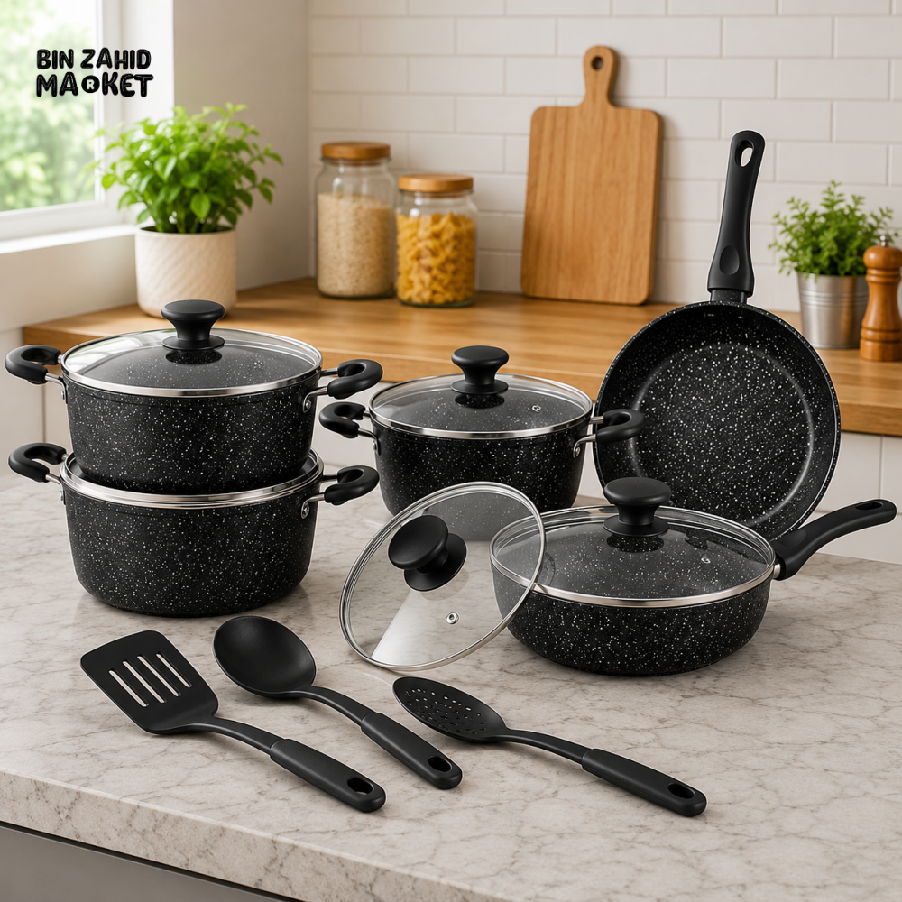 PRESTIGE GRANITE NON-STICK COOKWARE BLACK SET - 12 PIECE SET