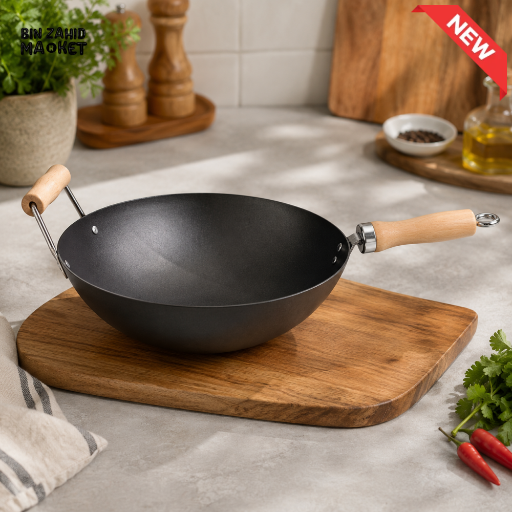 PRESTIGE NON-STICK CARBON STEEL WOK PAN WITH WOODEN HANDLE - 34 CM