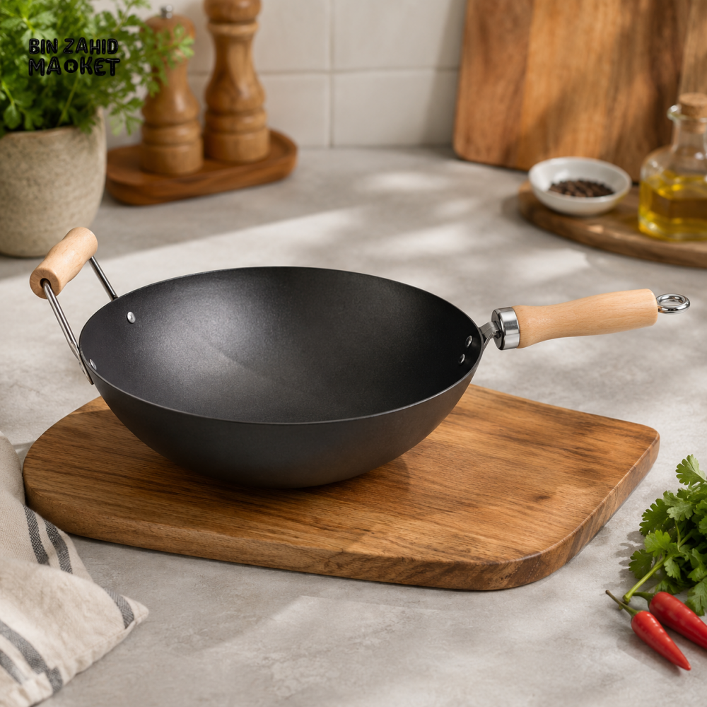 PRESTIGE NON-STICK CARBON STEEL WOK PAN WITH WOODEN HANDLE - 34 CM