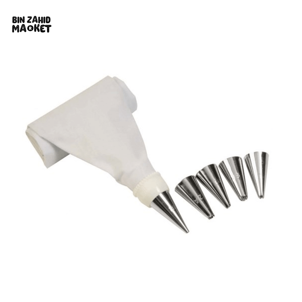 PRESTIGE PIPING/ICING BAG WITH 5 STEEL NOZZLES – CAKE DECORATING SET WITH METAL TIPS